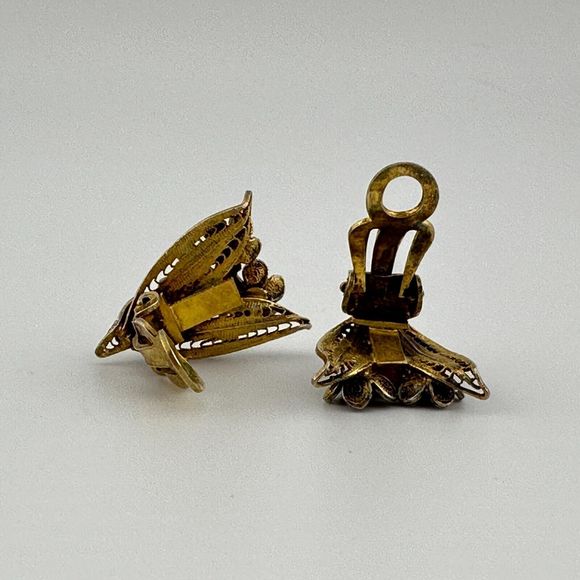 Vintage Vermeil Filigree Flowers Clip On Earrings Silver Gold Cannetille 7/8" L - Picture 9 of 15